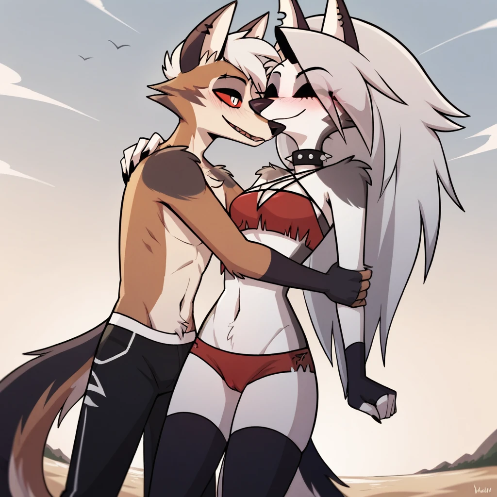 score_9, score_8_up, BREAK, source_anime, uncensored, perfect body, slim, thigh highs, fingerless gloves,
anthro, furry, pose, sexy,
Loona \(Helluva Boss\), NSFW, red swimsuit, camel toe, red panties, head back, anthro male maned wolf with long spiked white hair and black face, black boxers, blushing, high detail, on beach, cuddling, smiling 