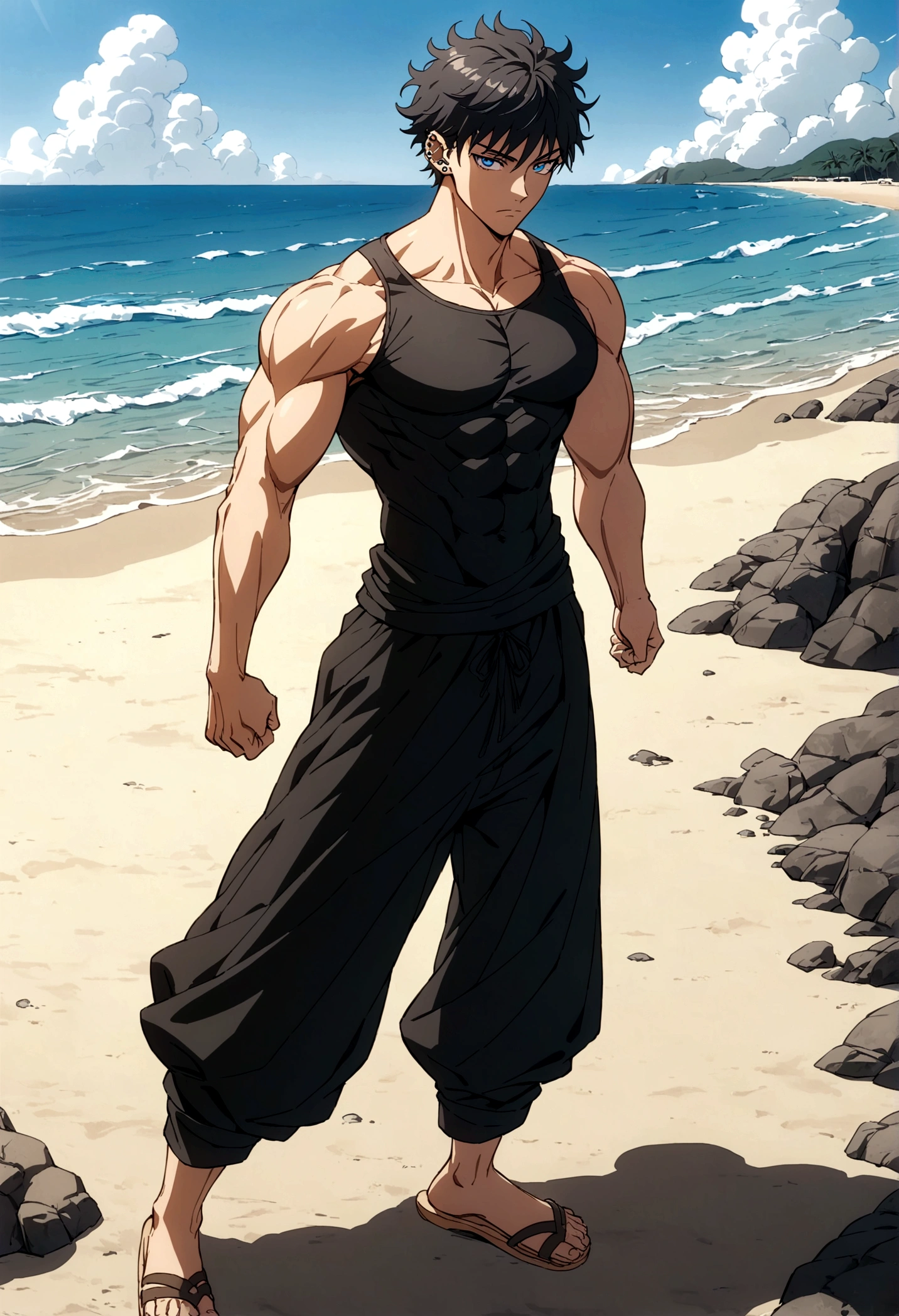 A tall, slim and muscular young man having a handsome appearance with short, wavy black hair and piercing blue eyes wearing comfortable clothing such as a black compression shirt that highlights his muscles and loose, light black pants that matches his shirt and wooden sandals he is standing on the beach with blue sky 