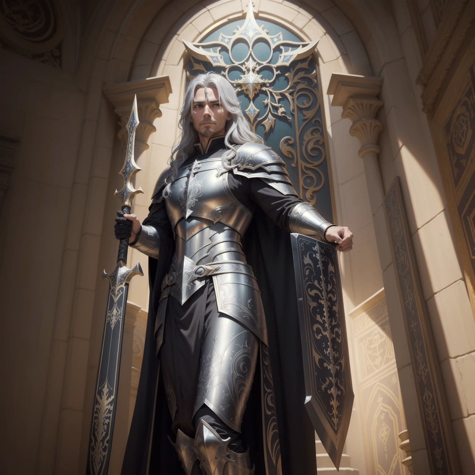 1man, adult man, silver hair, long wavy hair, golden eyes, tanned skin, An impressive Archpaladin wielding a majestic kite shield. The Archpaladin is a formidable figure who radiates strength and nobility. Adorned in white shining armor, the Archpaladin stands tall and confident, exuding an aura of divine power. In one hand, the Paladin black sword holds a majestic kite shield adorned with intricate winds patterns and divine symbols. The shield shines with a bright light, symbolizing its protective properties. The Archpaladin's expression is determined and resolute, embodying unwavering faith and righteous power. The background is a grand and sacred setting, with pillars of light and celestial energy. The art style captures Wlop's majestic aesthetic, with bold, vibrant colors, intricate details, and a sense of divine presence. Camera Shot: Full body shot, showing the imposing stature of the Archpaladin and the intricate design of the majestic shield. Rendering style: bold colors, radiant lighting, and a sense of divine grandeur. Resolution: 4K for optimal impact.",Detailedface,1guy