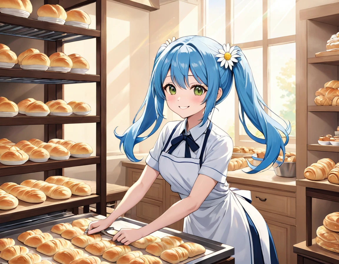 A bakery decorated with daisies in the sunlight、Bakers make the perfect dough for flaky pastries. Light blue long hair、Beautiful girl with twin tails、A happy smile、Introducing a fully equipped bakery with stainless steel countertops and a full set of baking tools. bakery,Roll out the dough with a wooden rolling pin, Show off her expertise. The aroma of baked goods wafts through the air.. background、Trays of golden croissants and delicately woven Danish pastries cooling on racks. This photo shows、The precision and skill required in the art of pastry making. Filmed:Claire Bird, Renowned pastry chef specializing in natural and seasonal ingredients