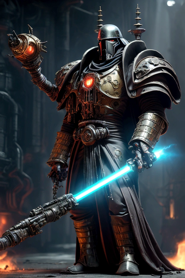 Create an artwork of Tech from Star Wars: The Bad Batch, reimagined in the Warhammer 40,000 universe. Portray him as a venerable Tech-Priest of the Adeptus Mechanicus, standing at full body length. He should be clad in the traditional red robes of the Mechanicus, adorned with arcane symbols and intricate circuitry. His bionic enhancements should be prominently featured, blending Star Wars technology with the gothic, baroque style of Warhammer 40K. He holds a holographic laptop in one hand, its glowing blue interface contrasting with the dark, grim setting. Include elements like servo-arms, cog-tooth motifs, and a mechanical staff. The background should evoke a dark, industrial forge world, with towering manufactorums and the omnipresent glow of forge fires. Ensure the atmosphere is grim and imposing, capturing the essence of both universes.