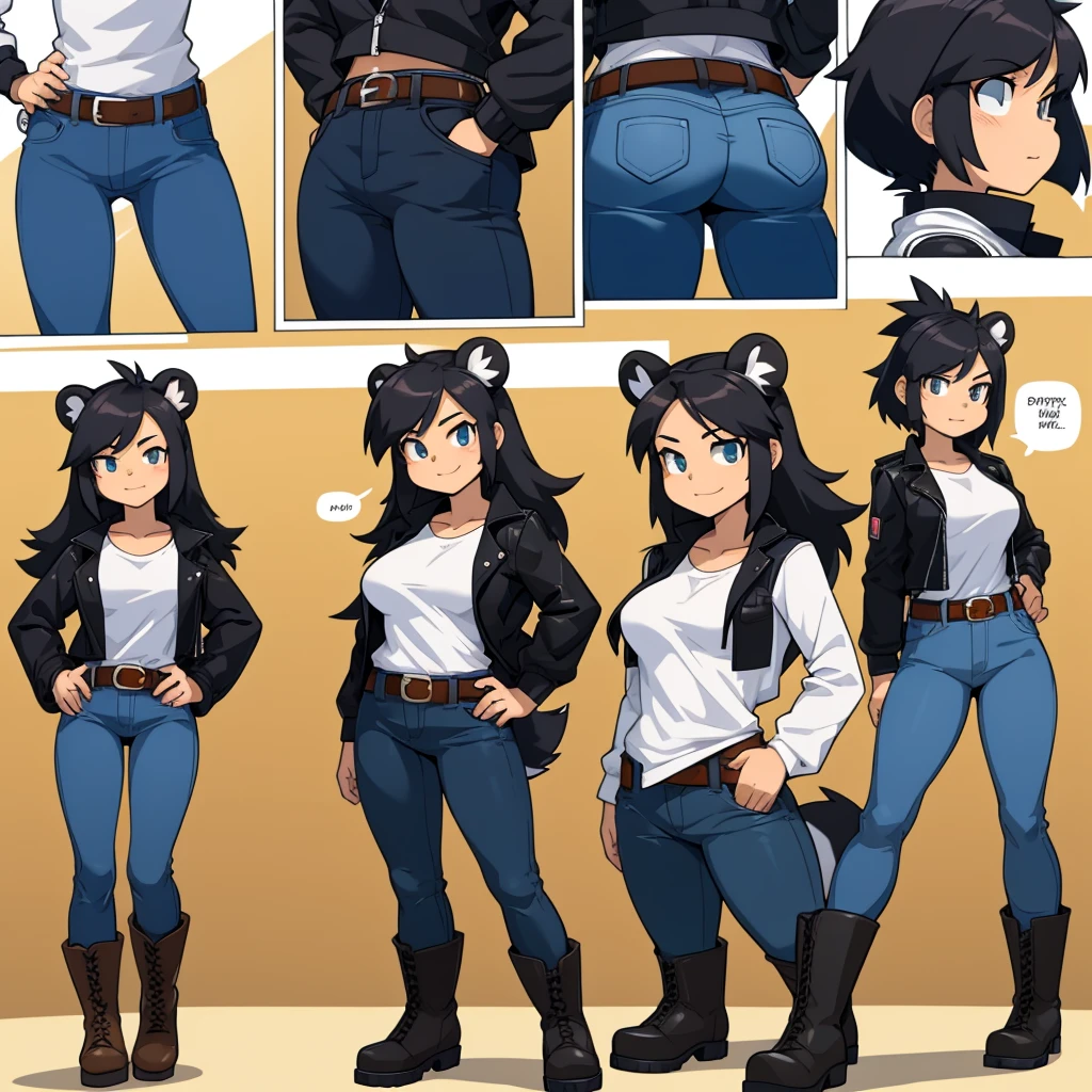Female skunk wearing a black jacket, a white shirt, jeans, boots, and a belt around her waist.
cartoon style, 4-panel comic strip