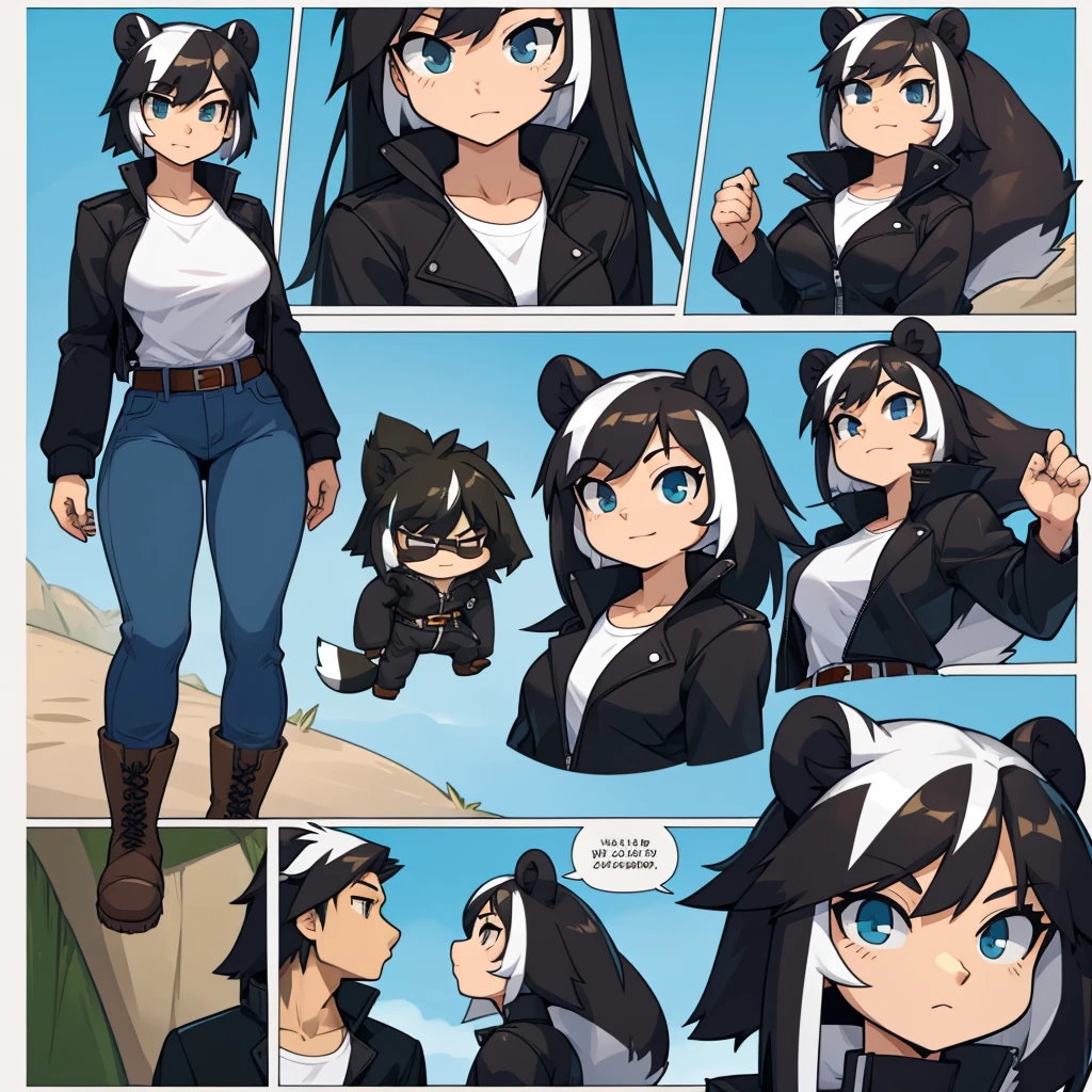Female skunk wearing a black jacket, a white shirt, jeans, boots, and a belt around her waist.
cartoon style, 4-panel comic strip