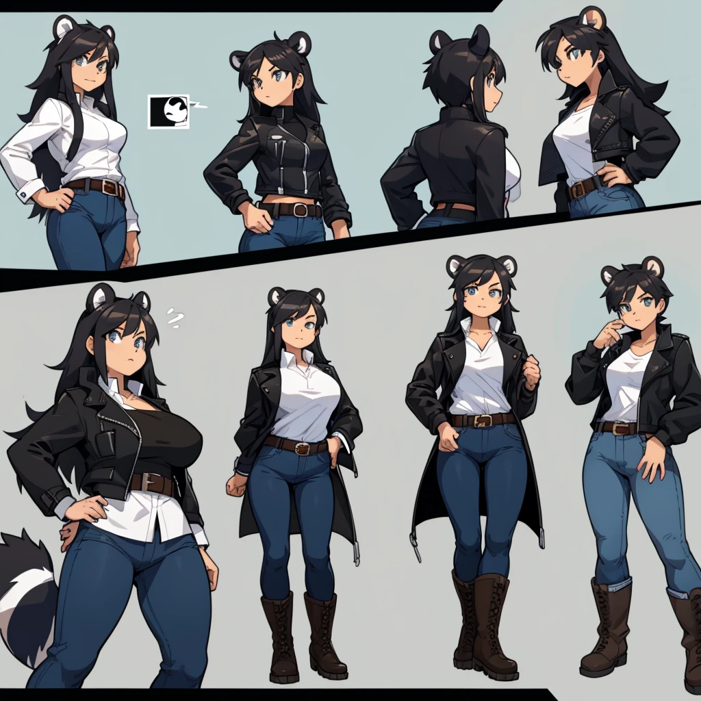 Female skunk wearing a black jacket, a white shirt, jeans, boots, and a belt around her waist.
cartoon style, 4-panel comic strip