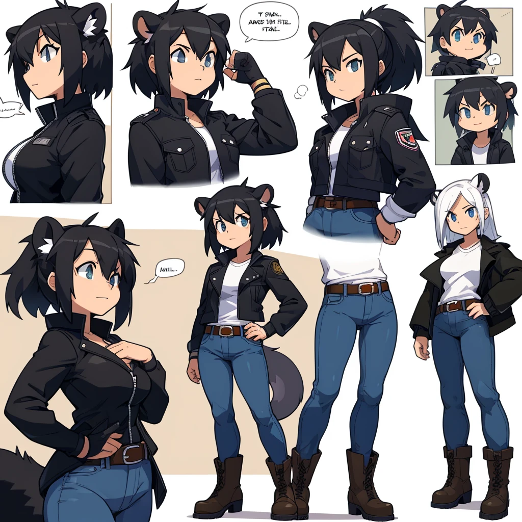 Female skunk wearing a black jacket, a white shirt, jeans, boots, and a belt around her waist.

cartoon style, 4-panel comic strip