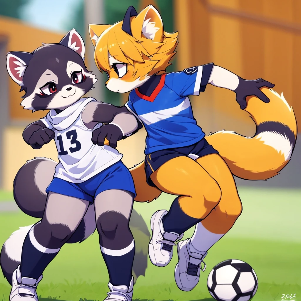 by @k_M_art__, by dasagi, by fumiko, by donkeyramen, by wfa, by Dimwitdog, by Kilinah, ((Raccoon Dog)) (Female), 1girl, cute, detailed body, detailed art, your tail bouncing a soccer ball, Soccer Background, ((Motion lines)), (toddler), short yellow hair, ((Fluffy Tail)), cinematic lighting