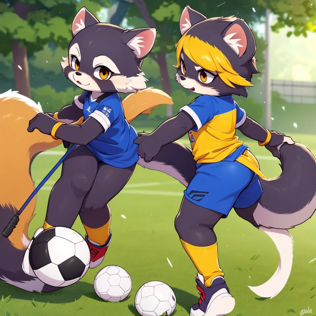 by @k_M_art__, by dasagi, by fumiko, by donkeyramen, by wfa, by Dimwitdog, by Kilinah, ((Raccoon Dog)) (Female), 1girl, cute, detailed body, detailed art, your tail bouncing a soccer ball, Soccer Background, ((Motion lines)), (toddler), short yellow hair, ((Fluffy Tail)), cinematic lighting


