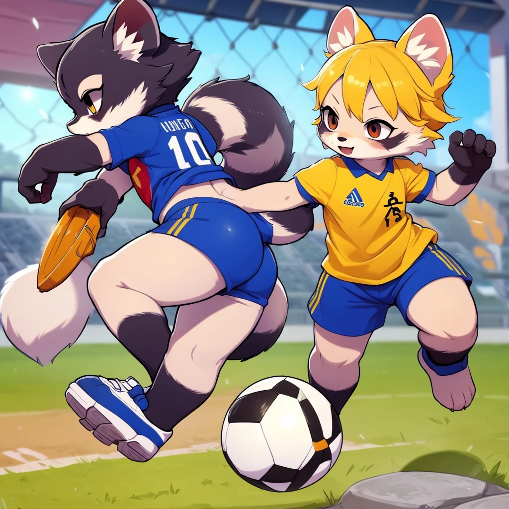 by @k_M_art__, by dasagi, by fumiko, by donkeyramen, by wfa, by Dimwitdog, by Kilinah, ((Raccoon Dog)) (Female), 1girl, cute, detailed body, detailed art, your tail bouncing a soccer ball, Soccer Background, ((Motion lines)), (toddler), short yellow hair, ((Fluffy Tail)), cinematic lighting


