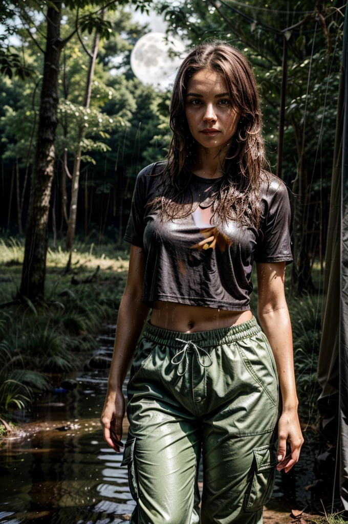 (Masterpiece), (Best Quality), (Super Detail), (Moonlit), Finely Beautiful Eyes, Delicate Beautiful Face, Height: 5'4", Weight: 115 lbs, Body/Figure Type: Athletic, Eye Color: Hazel, Hair Color: Chestnut Brown, Skin Tone: Fair, She wears wet cargo pants and soaked thermal top, Standing out side of a tent in the forest during the night time in a heavy storm, gloomy, wet hair, sexy