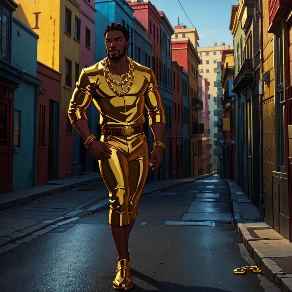 man with gold chains walking down the street in the ghetto, cinematic action, masterpiece, super detail, textured skin, atmospheric perspective,