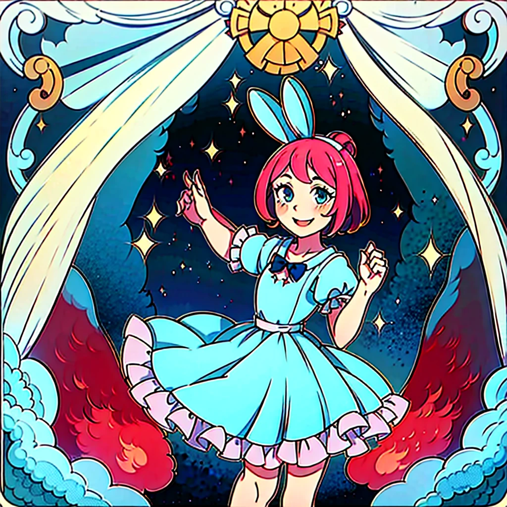 1 Girl, pink hair, two ponytails, medium length hair, bangs to the eyes, blue eyes, smiling, bunny ears, cute pink sundress, white vintage blouse, holding a big star in her hands, lots of details, no background, pleasant atmosphere, lots of stars, ultra hd,