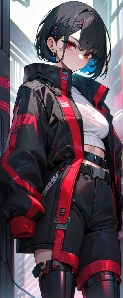 a pretty woman, shorthair, belt, black hair, black long coat, dark red eyes, cyberpunk, cool, ultra detailed, 8k, masterpiece