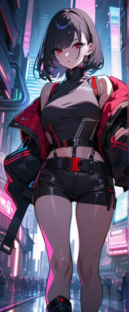 a pretty woman, shorthair, belt, black hair, black long coat, dark red eyes, cyberpunk, cool, ultra detailed, 8k, masterpiece