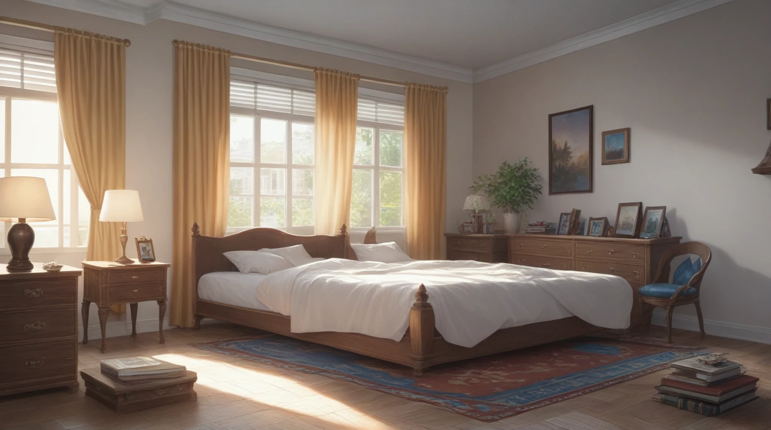 Raw photo,Masterpiece, high quality, best quality, authentic, super detail,
interior, indoors,living room, neoclassic style , bed, cabinet, lamp, rug, windows, curtains, bookshelf, bright tone, white wall
, (daylight:1.1), vivid colour, (realistic:1.2),JJ's Interior