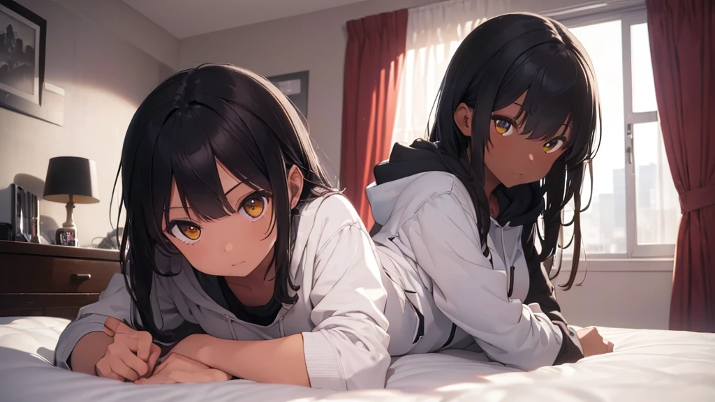 (((Masterpiece, highest quality, high definition, high detail)))), (((modern))), ((bedroom)), ((laying on bed)), (((one girl))), A girl in hotel room at night, beautiful face, tomboy, wearing hoodie, dark pajama shorts, (dark skin2), (black + short wavy hair1.2), yellow eyes, blunt bangs, wearing hoodie, gym panties, blushed face, small breasts, High resolution, dark ambiance by professional AI, hotel room, night, dark room, looking at viewer, (((One girl in middle))), (((SOLO))) ,(((No window)))