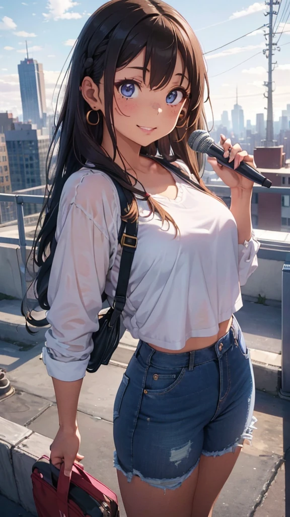 1 girl, vtuber, beautiful skin, braided brown hair, Box braids, blue eyes, smiling, pink lipstick, white blouse, tube top, big circle gold earrings, freckles, big lips, pink lips, on a rooftop, she is holding a reporter microphone, new reporter, nyc skyline in the background, blue skies big clouds Wearing extremely tight jeans, extremamente sexy, 8k, (melhor qualidade: 1.0), (ultra highres:1.0) vtuber ,gamer girl, streamer