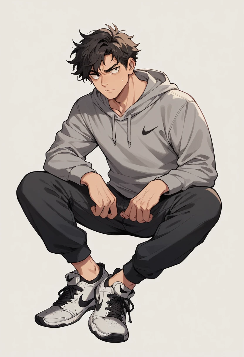 A casual guy with brown messy hair. He wears a grey hoodie, black sweatpants, and black nike shoes.