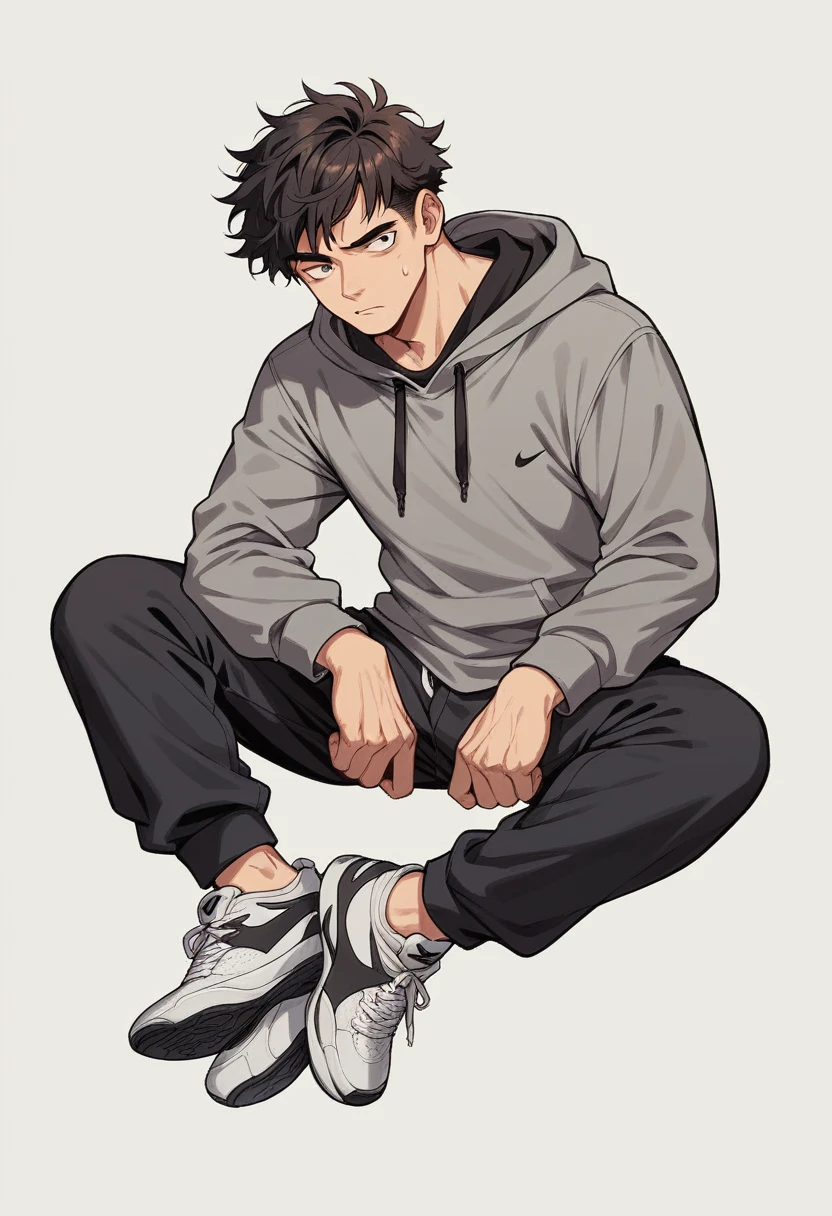 A casual guy with brown messy hair. He wears a grey hoodie, black sweatpants, and black nike shoes.