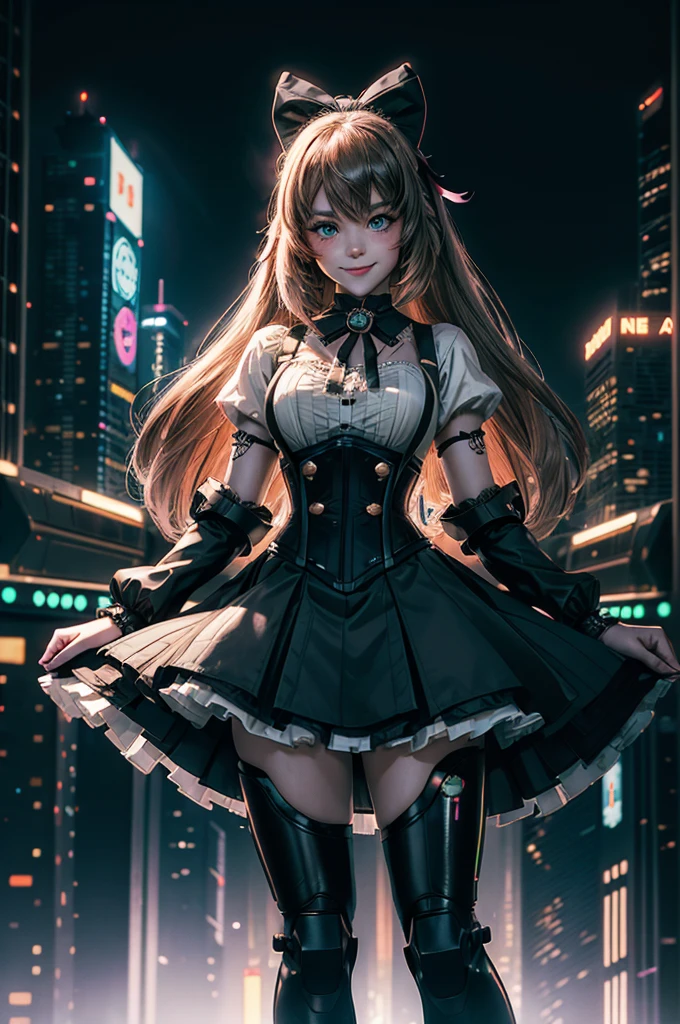 1girl, solo, cowboy shot, smile, underbust, Penny Polendina, long hair, neck ribbon, suspender skirt, corset, black bow, white blouse, mechanical legs, neon trim, standing in cyberpunk city, night, stars moon, mega skyscrapers, vehicles, neon signs, Crowd, (crowd wearing cyberpunk fashion)