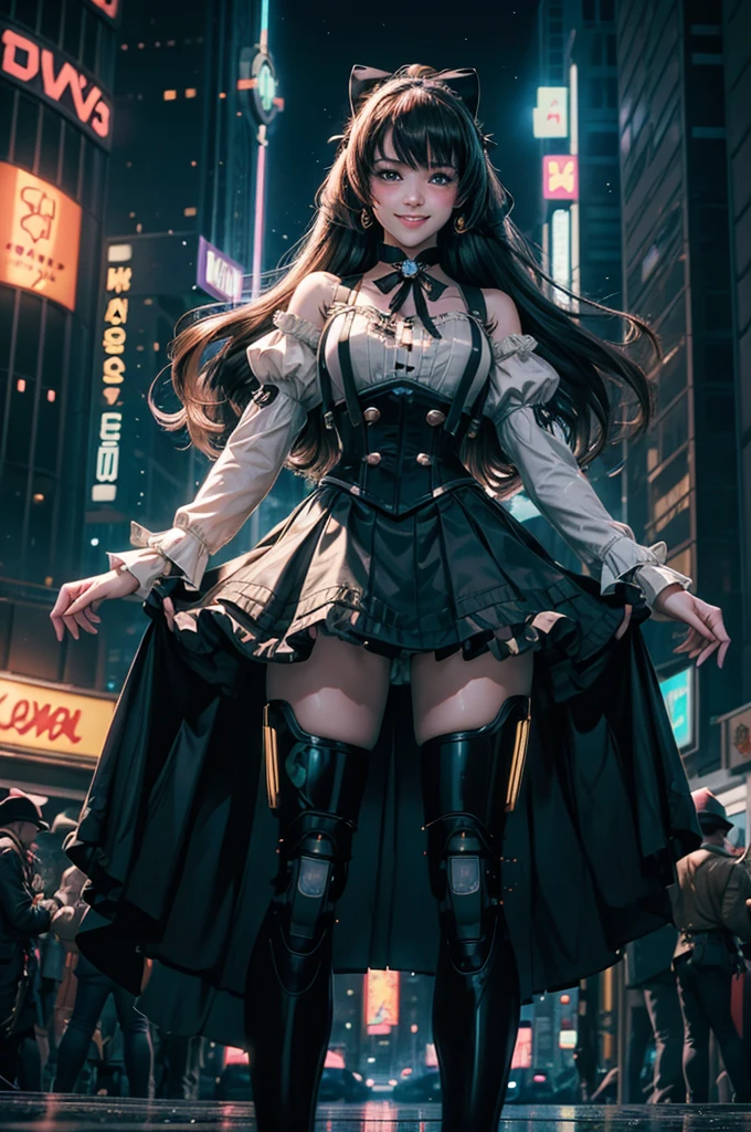 1girl, solo, cowboy shot, smile, underbust, Penny Polendina, long hair, neck ribbon, suspender skirt, corset, black bow, white blouse, mechanical legs, neon trim, standing in cyberpunk city, night, stars moon, mega skyscrapers, vehicles, neon signs, Crowd, (crowd wearing cyberpunk fashion)
