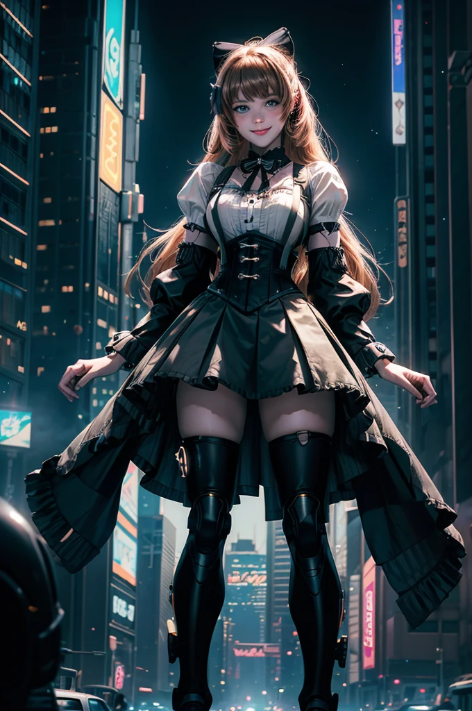 1girl, solo, cowboy shot, smile, underbust, Penny Polendina, long hair, neck ribbon, suspender skirt, corset, black bow, white blouse, mechanical legs, neon trim, standing in cyberpunk city, night, stars moon, mega skyscrapers, vehicles, neon signs, Crowd, (crowd wearing cyberpunk fashion)