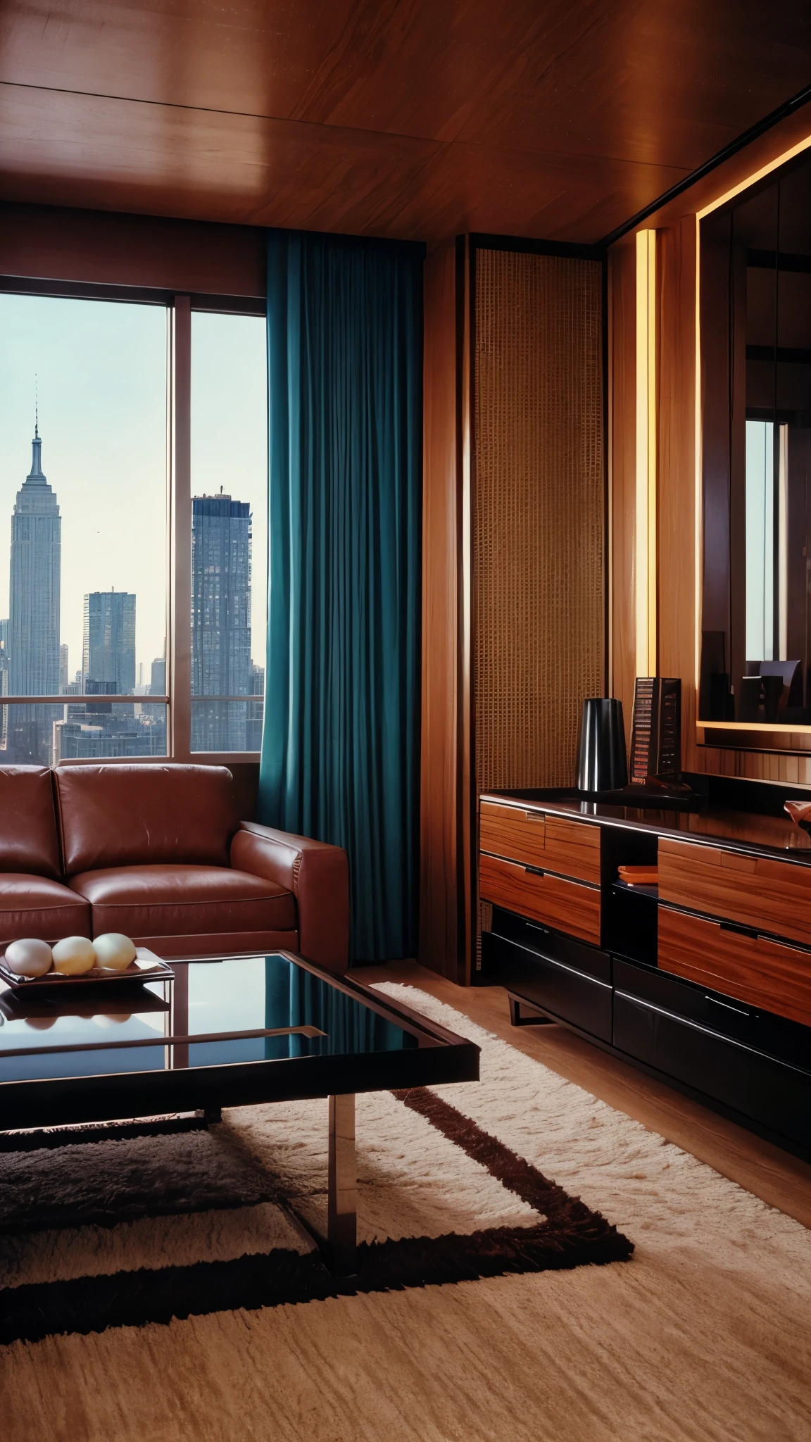 The year is 1987, scene is set in a Penthouse suite with 80s plus leather furniture and interior design, retro vibe, hyper realistic, 8K, in a high rise building in New York City.