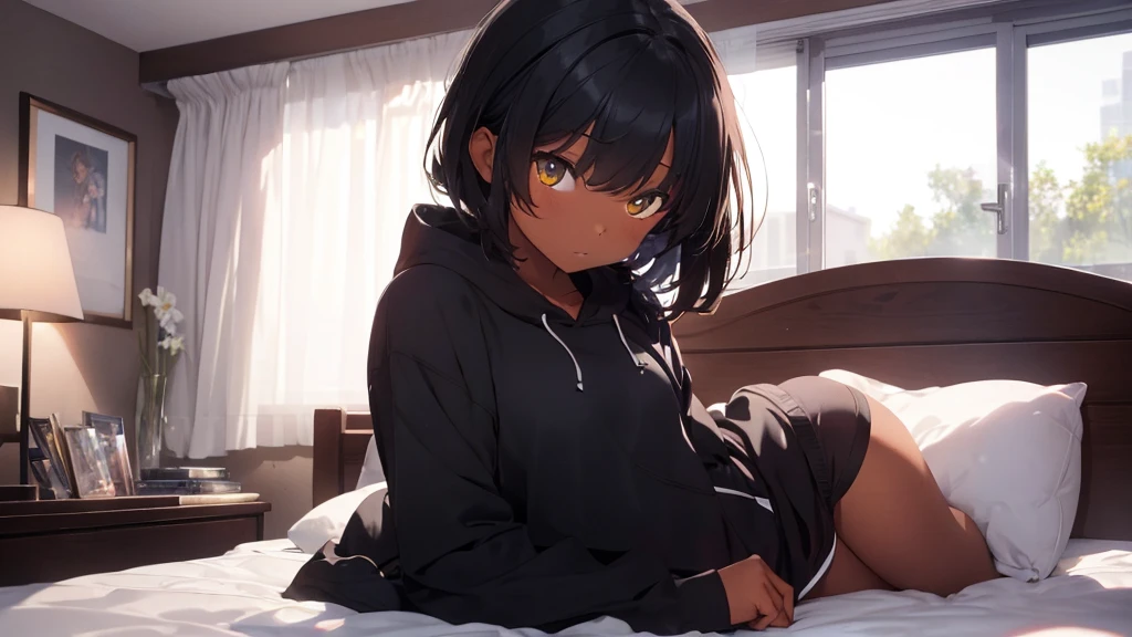 (((Masterpiece, highest quality, high definition, high detail)))), (((modern))), ((bedroom)), ((laying on bed)), (((one girl))), A girl in hotel room at night, beautiful face, tomboy, wearing hoodie, dark pajama shorts, (dark skin2), (black + short wavy hair1.2), yellow eyes, blunt bangs, wearing hoodie, gym panties, blushed face, small breasts, High resolution, dark ambiance by professional AI, hotel room, night, dark sky, looking at viewer, (((One girl in middle))), (((SOLO)))