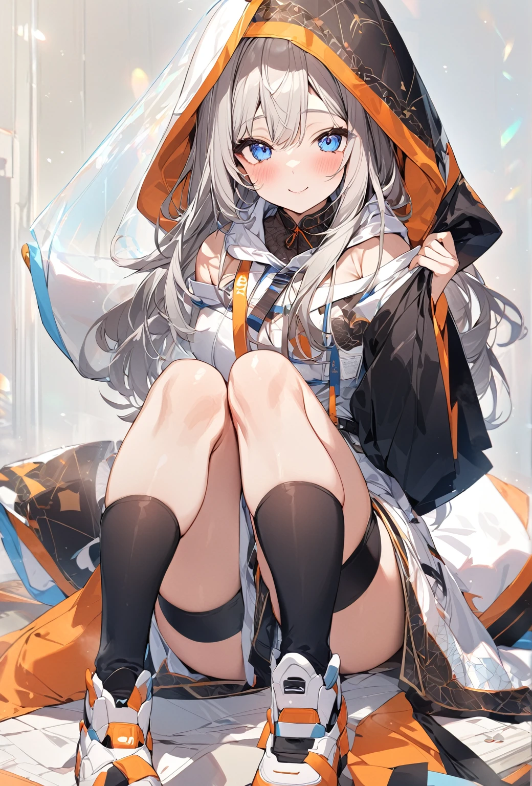 ((Highest quality)), ((masterpiece)), ((Very detailed)), (Very mature),A cute, gentle-looking female high school student with black hair and a height of about 165cm.,A female high school student with big breasts and a cute smile wearing a transparent blue waifus with a cute patterned hood and bare shoulders, A gentle woman with a slightly long vertical face,Small Faced Woman,alone, Cute attitude,(background(bright),Long Hair - Straight,Knee-high socks、A transparent blue veil with a cute pattern and white hood with off-the-shoulder sleeves,White wall、Sitting、Facing the viewer、縁に模様がある壁が1面のbackground