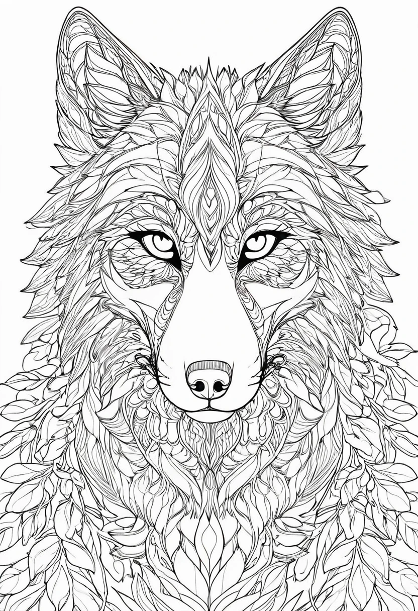 a coloring page of a wolf with leaves, line art coloring page, anthro wolf face, hyper detailed wolf face, bold linear, Intricately detailed fur, alpha wolf head, Detailed line art, coloring page, clean linear, wolf head, Plantilla Wolf lineart base, Coloring book outline, intricate linear, lineal simple