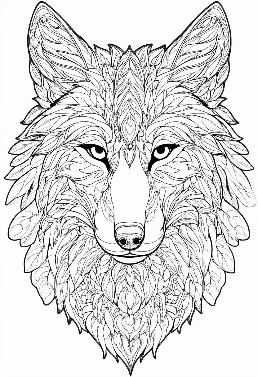 a coloring page of a wolf with leaves, line art coloring page, anthro wolf face, hyper detailed wolf face, bold linear, Intricately detailed fur, alpha wolf head, Detailed line art, coloring page, clean linear, wolf head, Plantilla Wolf lineart base, Coloring book outline, intricate linear, lineal simple