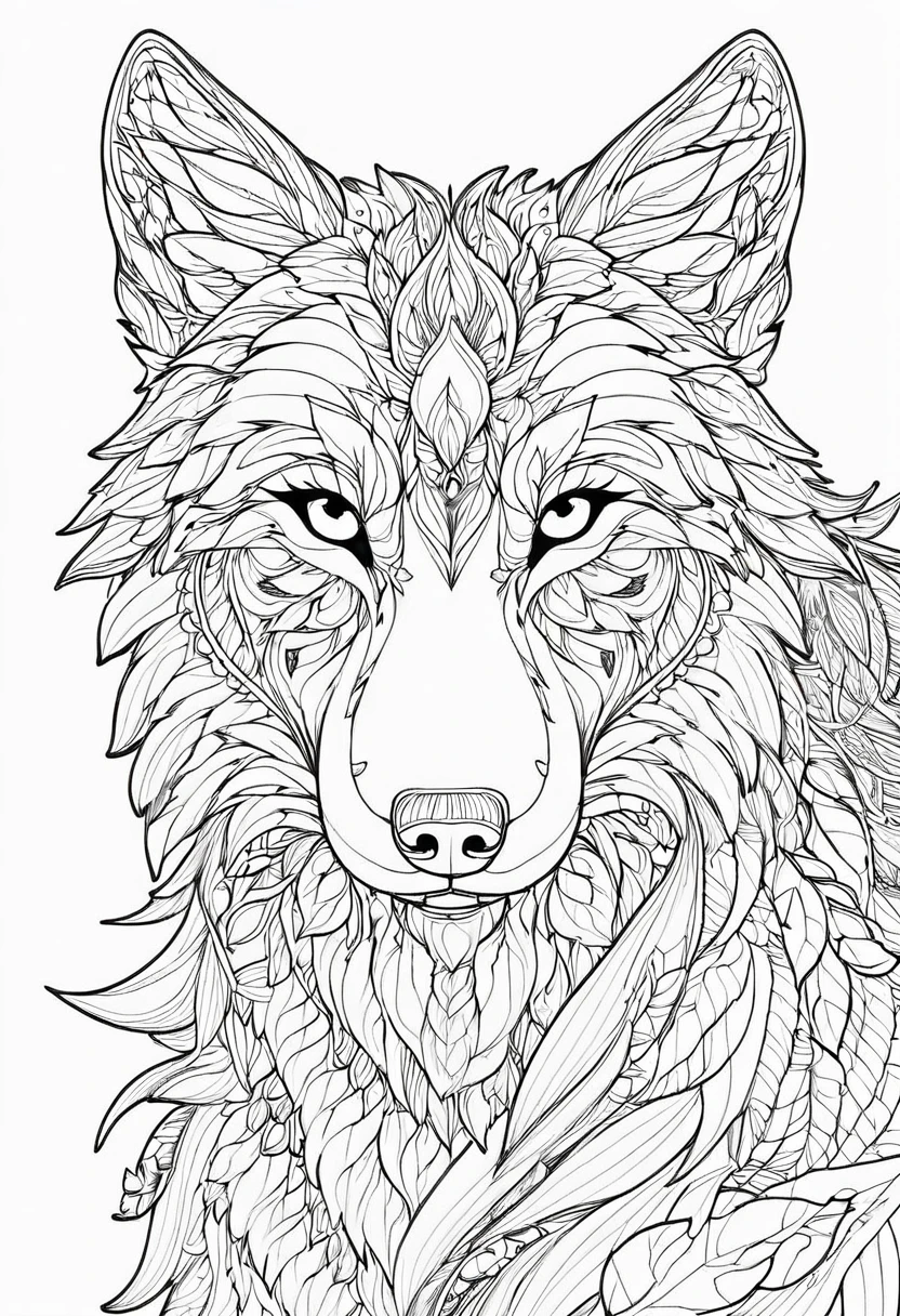 a coloring page of a wolf with leaves, line art coloring page, anthro wolf face, hyper detailed wolf face, bold linear, Intricately detailed fur, alpha wolf head, Detailed line art, coloring page, clean linear, wolf head, Plantilla Wolf lineart base, Coloring book outline, intricate linear, lineal simple