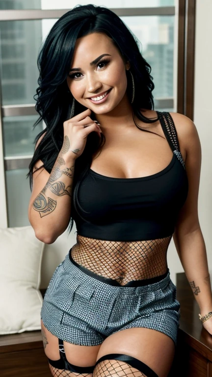 Demi Lovato dressed in a top and shorts and fishnet stockings and smiling sexy.