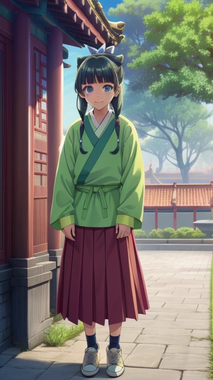 1girl, maomao, blunt bangs,green hair,long hair,blue eyes,solo, own hands at sides, smile,sidelocks,twin braids,hair over shoulder,hair beads,half updo,single hair bun,hair ribbon,blue ribbon,freckles,hanfu,pink haori ,red pleated  skirt, short skirt,,,expressive eyes, official art, outdoors, nature, trees, chinese temple, sky,, full body, frontal shot, sneakers shoes,