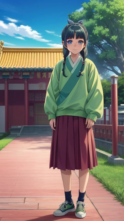 1girl, maomao, blunt bangs,green hair,long hair,blue eyes,solo, own hands at sides, smile,sidelocks,twin braids,hair over shoulder,hair beads,half updo,single hair bun,hair ribbon,blue ribbon,freckles,hanfu,pink haori ,red pleated  skirt, short skirt,,,expressive eyes, official art, outdoors, nature, trees, chinese temple, sky,, full body, frontal shot, sneakers shoes,