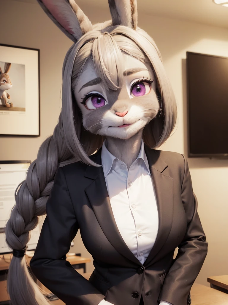 best quality,
masterpiece,
hyper Realistic,
ultra-detailed,
beautiful detailed,
4K,8K,High level,
PIXAR,
Photo real,
Portrait,
Looking at the audience,
background is an office,
highlight,
((anthropomorphic rabbit)),
detailed animals,
Complex patterns,
(furry:1.5),
(Whole skin is gray:1.4),
(body is fluffy and bushy:1.3),
((human hands)),
(Face is JudyHopps:1.35),
{((long straight hair)), ((long ponytail hair))},
wispy bangs, bangs,
purple eyes,
highlight on eyes,
crisp eyes,
(arched eyebrows:1.2),
(uplift eyebrows:1.1),
(rabbit ears:1.1),
Smile,
raised mouth corners,
office lady is wearing suit,
((White blouse)) BREAK ((Black blazer)) BREAK ((Black pants)),
clothes made of wool,
((She is blushing in the cheeks)),
(solo:1.5),
(1 lady:1.5),
one character only
alone,
Perfect ???????,