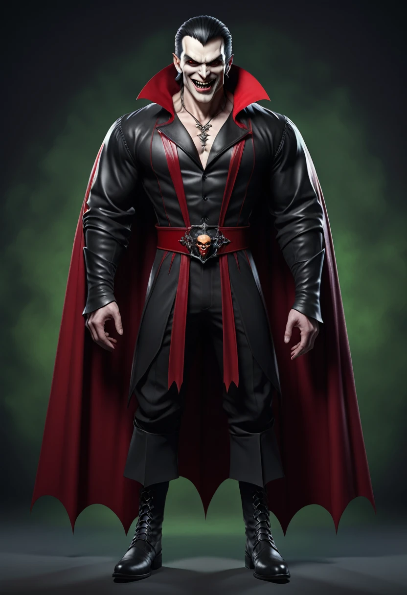 Imagine a powerful, full-body male vampire;
(Symmetrical view of the front of the body), full body and standing;
(Evil smile, ((showing vampire fangs)));
Evil face, Evil appearance, evil look, strong physique, average age of 40 years; 
Scary vampire appearance, small, pointed ears;
Wearing black medieval clothes, (wearing boots), (red cape), (belt with skull buckle);
Black, long, pointed, straight and voluminous hair;
Detailed image style, High quality, high resolution, 8K; ((studio lighting));
Bright environment;
((Completely clean and green background));