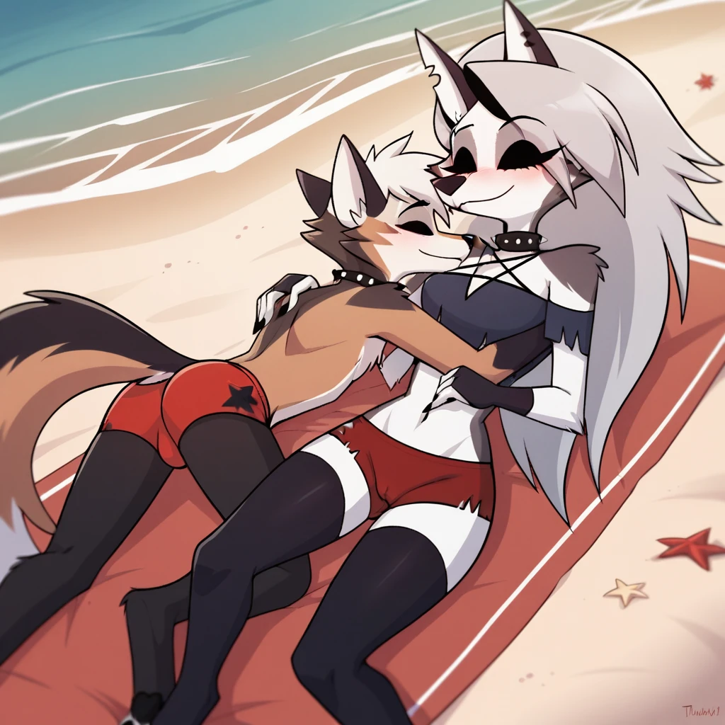 score_9, score_8_up, BREAK, source_anime, uncensored, perfect body, slim, thigh highs, fingerless gloves,
anthro, furry, pose, y,
Loona \(Helluva Boss\), NSFW, red swimsuit, camed panties, hea anthro male maned wolf with long spiked white hair and black face, black boxers, blushing, high detail, on beach, cuddling, smiling