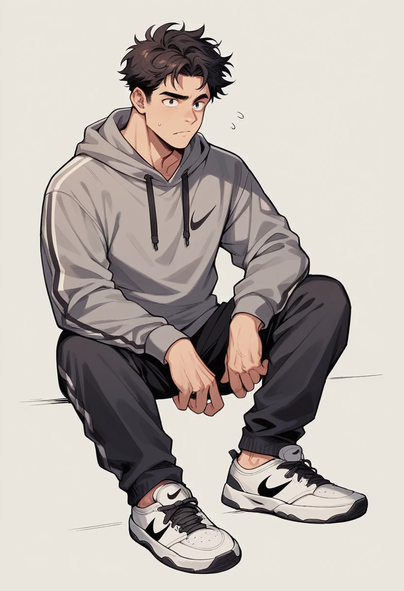 A casual guy with brown messy hair. He wears a grey hoodie, black sweatpants, and black nike shoes.