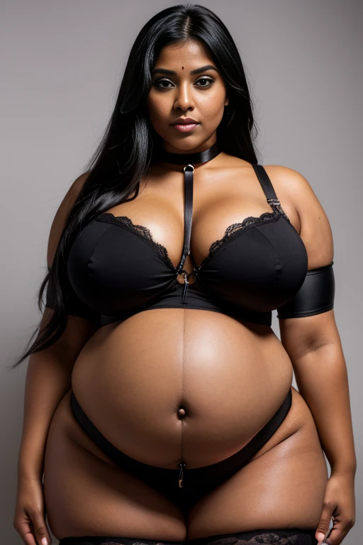 A hot Indian Girl, ebony skin, black hair, long hair style, voluptuous, plump, pregnant belly, wearing black bra and black thong, chubby, big bust, locks eyes into the camera, symmetrical eyes, symmetrical face, photorealistic, photography, path tracing, specular lighting, volumetric face light, path traced hair, visible shadows, intricate, elaborate, curvy body, plump body, huge big ass, thick body, curvy body type, voluptuous body type, busty body type, thick body type, big chest, big, piercing nose, black e girl emo makeup, drooling, black eyelinner, wet body, wearing choker collar, (choker collar:1.5) , navel piercing, exposed round pregnant belly