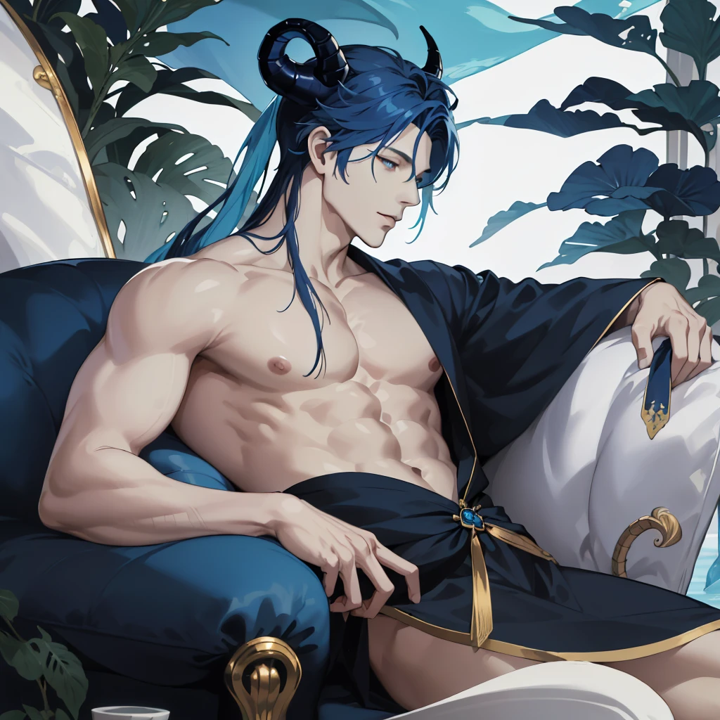 (absurdres, highres, ultra detailed, realistic, closed eyes), masculine man, solo, alone, sea, deep blue hair, blue scales on skin, pale skin, golden hunter eyes, navy blue horns curved backwards, serene expression, traditional clothes, dragon tail, more clothes on legs, shiny eyes, better eyes