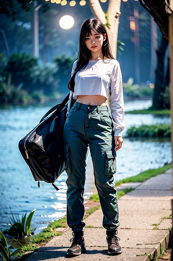 (Masterpiece), (Best Quality), (Super Detail), (Moonlit), Finely Beautiful Eyes, Delicate Beautiful Face, Height: 5'4", Weight: 115 lbs, Body/Figure Type: Athletic, Eye Color: Hazel, Hair Color: Chestnut Brown, Skin Tone: Fair, She wears wet cargo pants and soaked thermal top, Standing out side of a tent in the forest during the night time in a heavy storm, gloomy, wet hair, sexy, gloomy