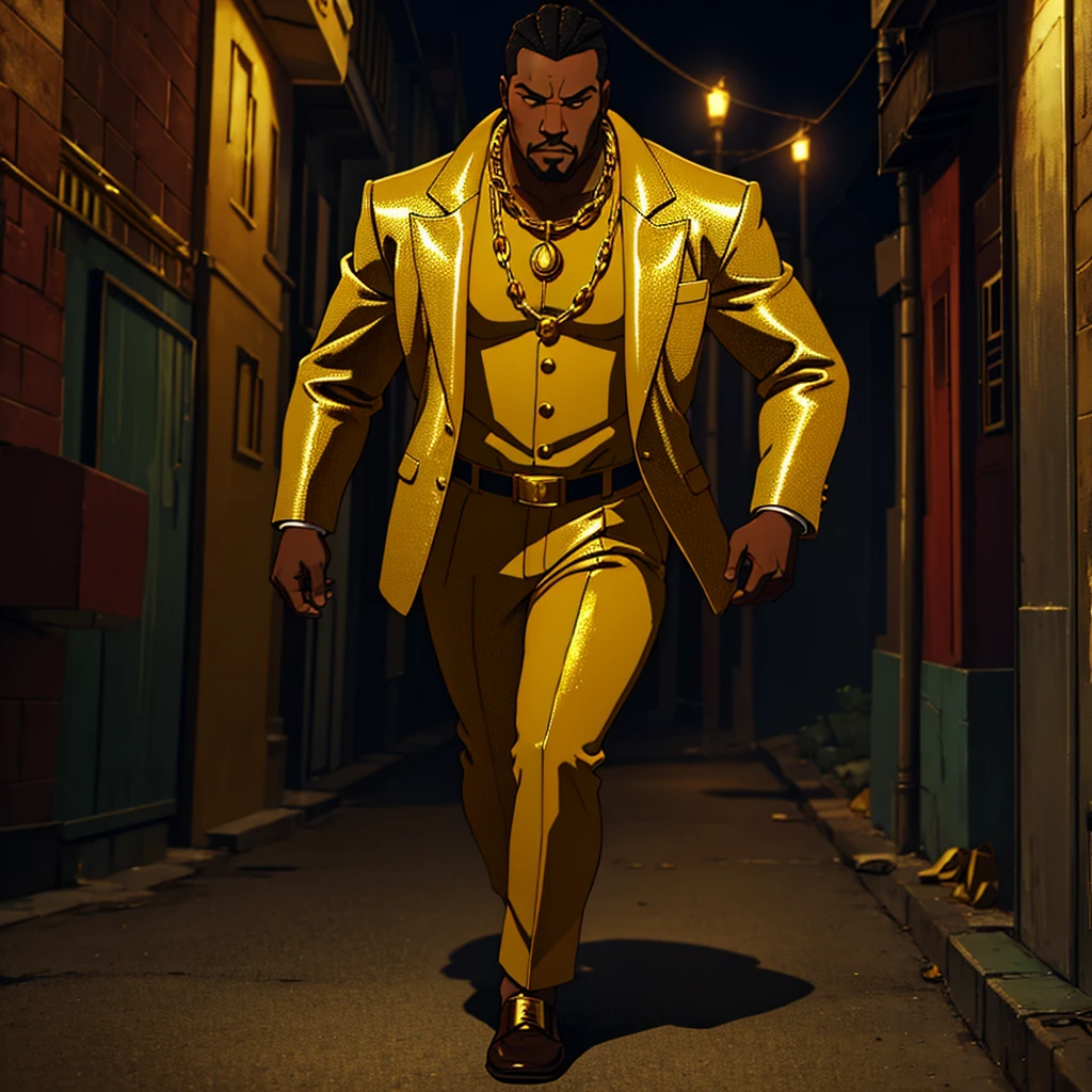 man wearing a golden gangster suit with gold chains around his neck walking down the street in the ghetto, cinematic action, masterpiece, super detail, textured skin, atmospheric perspective,