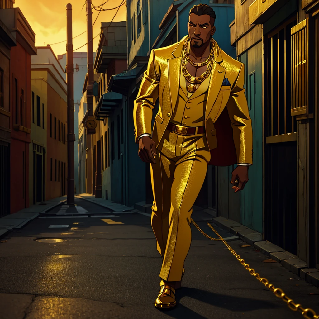 man wearing a golden gangster suit with gold chains around his neck walking down the street in the ghetto, cinematic action, masterpiece, super detail, textured skin, atmospheric perspective,