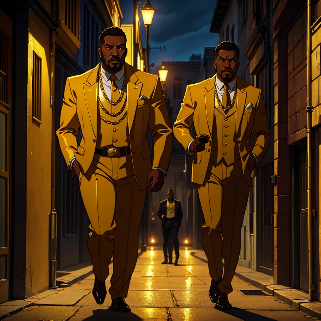 man wearing a golden gangster suit with gold chains around his neck walking down the street in the ghetto, cinematic action, masterpiece, super detail, textured skin, atmospheric perspective,
