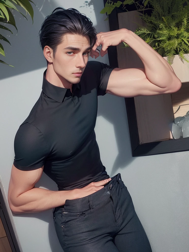a close up of a man in a blank shirt and black pant, wearing a dark shirt and jeans, navy shirt, wearing in shirt, black shirt, edited, blue shirt, wearing a black shirt, collared shirt, front side, button up shirt, decorative dark blue clothing, attractive and good looking, fully body portrait, full body model, in a beautiful garden