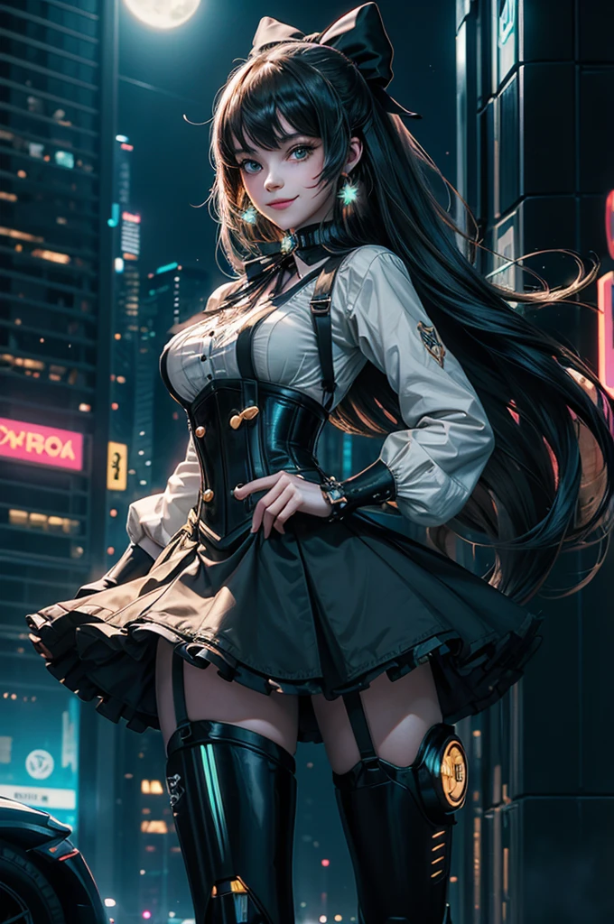 1girl, solo, cowboy shot, smile, underbust, Penny Polendina, long hair, neck ribbon, suspender skirt, corset, black bow, white blouse, mechanical legs, neon trim, walking in cyberpunk city, night, stars moon, mega skyscrapers, vehicles, neon signs, Crowd, (crowd wearing cyberpunk fashion)