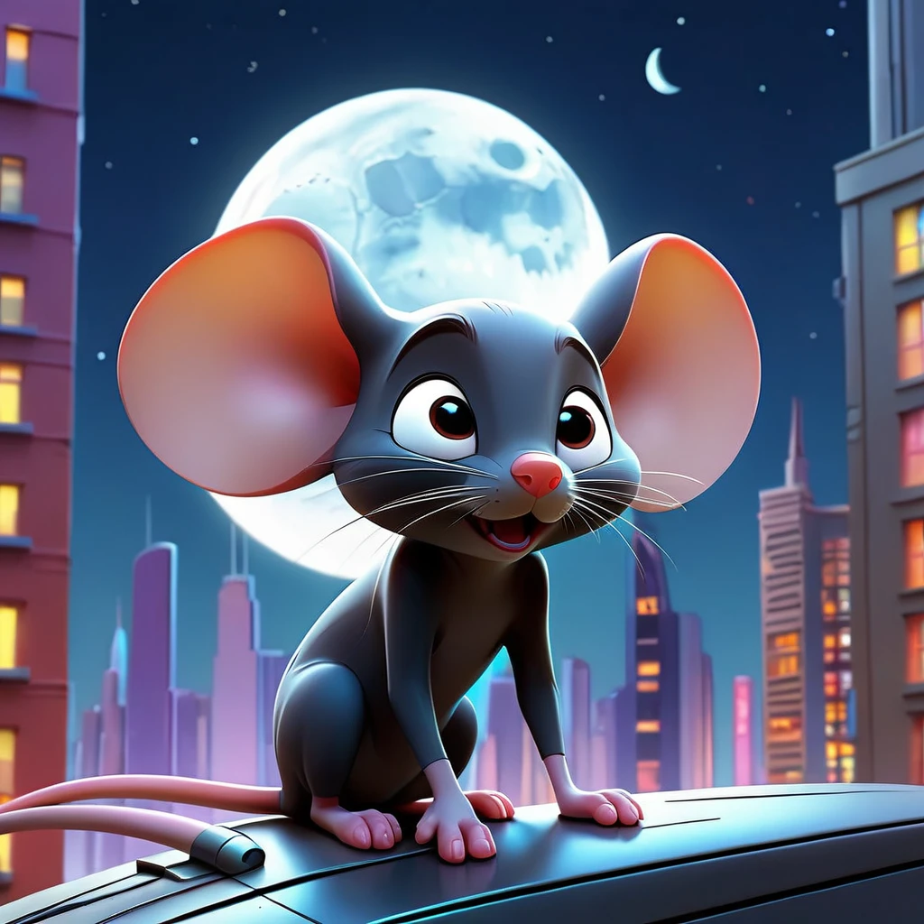 (Cartoon,night metropolis),mouse looking at the moon,colors:Vibrant,lights:Neon,ultra detailed,The city skyline,flying cars,tall buildings,impressive architecture,full moon,Dimly lit streets,sky full of stars,skyscraper silhouette,City reflections,Graffiti covered walls,animated billboards,moonlight casting shadows,cool tones,bustling streets,expressive character,futuristic atmosphere,Magical cityscape,Playful artistic style