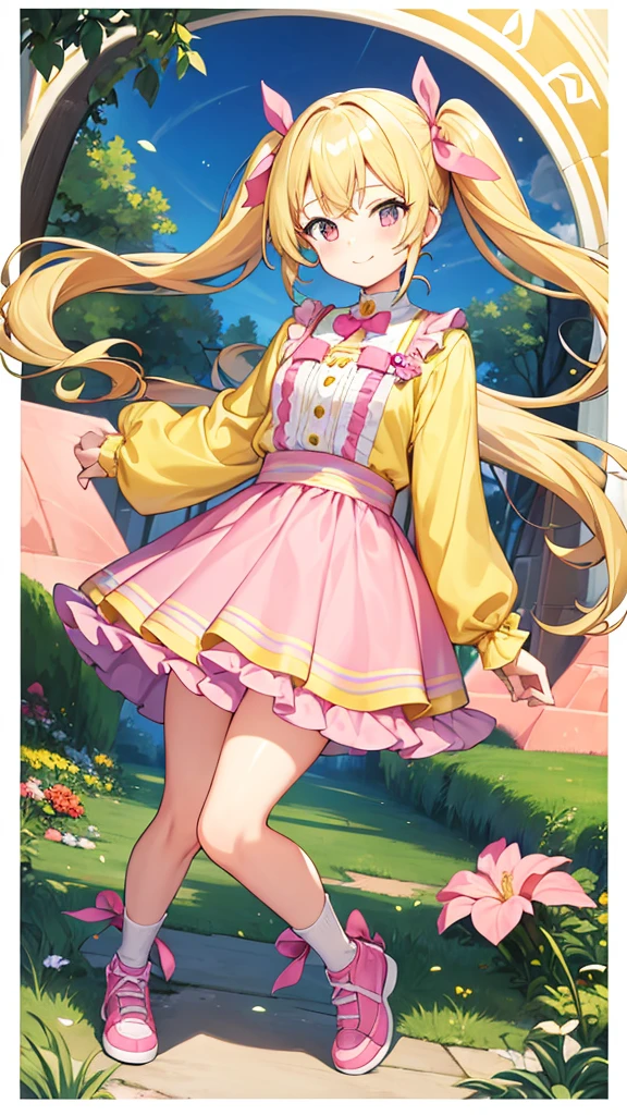 1 girl, blonde hair, twin pigtails, yellow shirt, pink skirt, pink shoes, , age12, day time, masterpiece, full quality, smiling, 2 pink ribbons, cute girl, 12 year old girl,