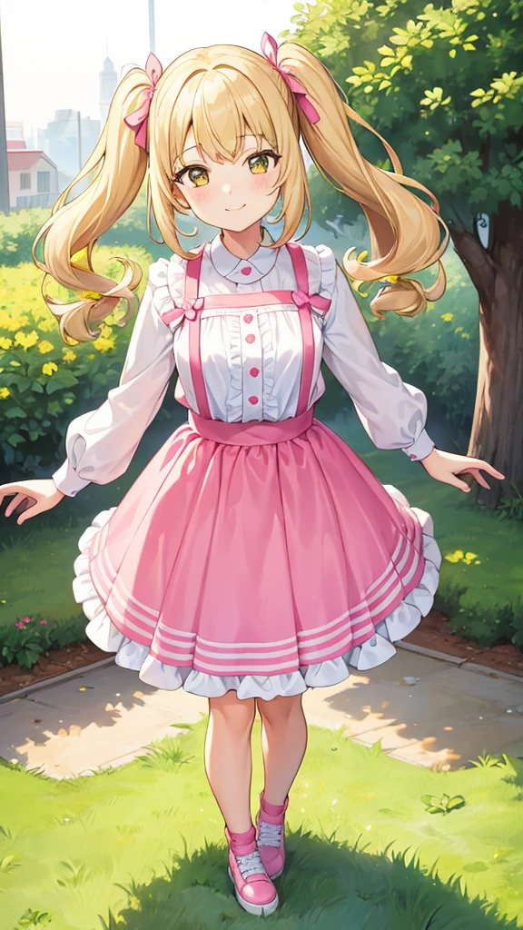 1 girl, blonde hair, twin pigtails, yellow shirt, pink skirt, pink shoes, , age12, day time, masterpiece, full quality, smiling, 2 pink ribbons, cute girl, 12 year old girl,