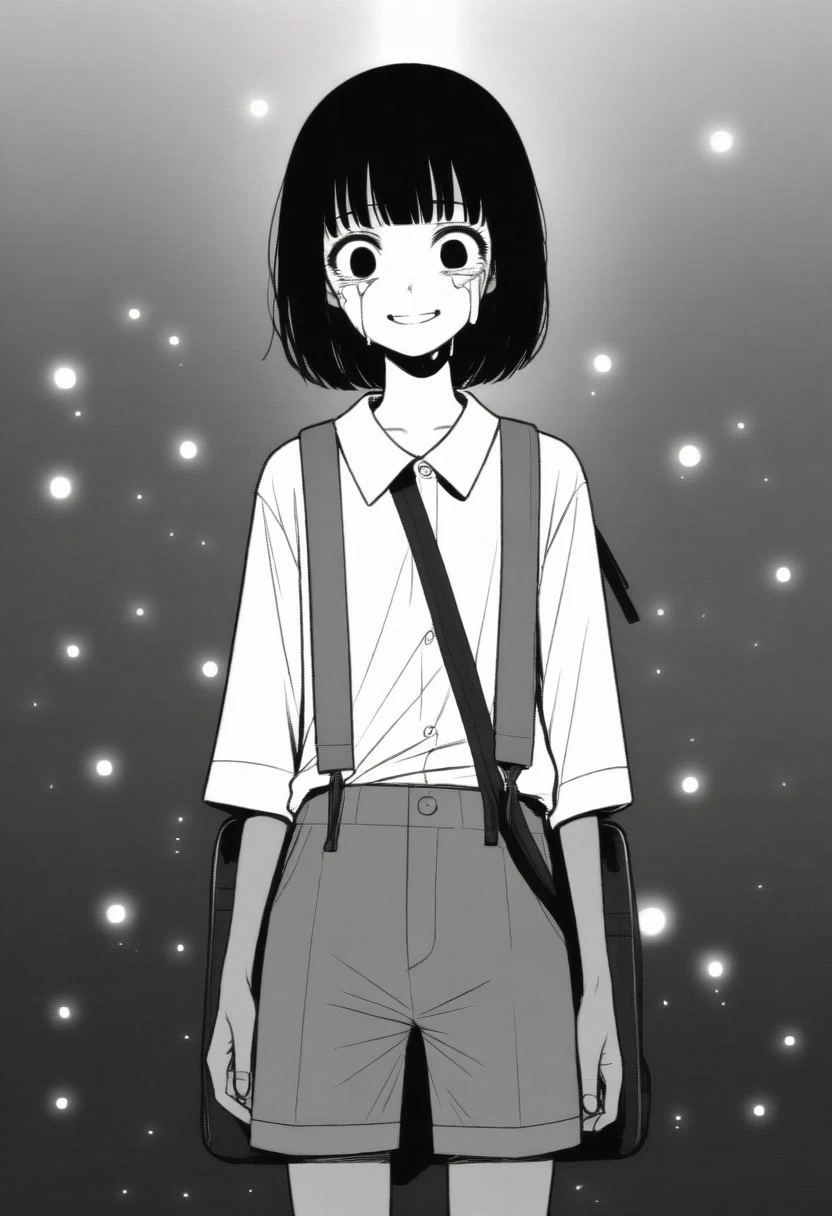masterpiece, best quality, 1girl, mamerakkkkko, grayscale, manga style, japanese, chi no wadachi, black eyes, street, iced, black hair, schoolbag, smile, lineart, white background, white shirt, grey shorts, centered, 18 years old, tall, fair skinned, bokeh background, crying, tears, straight-on, tears streaming, bob cut, light particles, centered